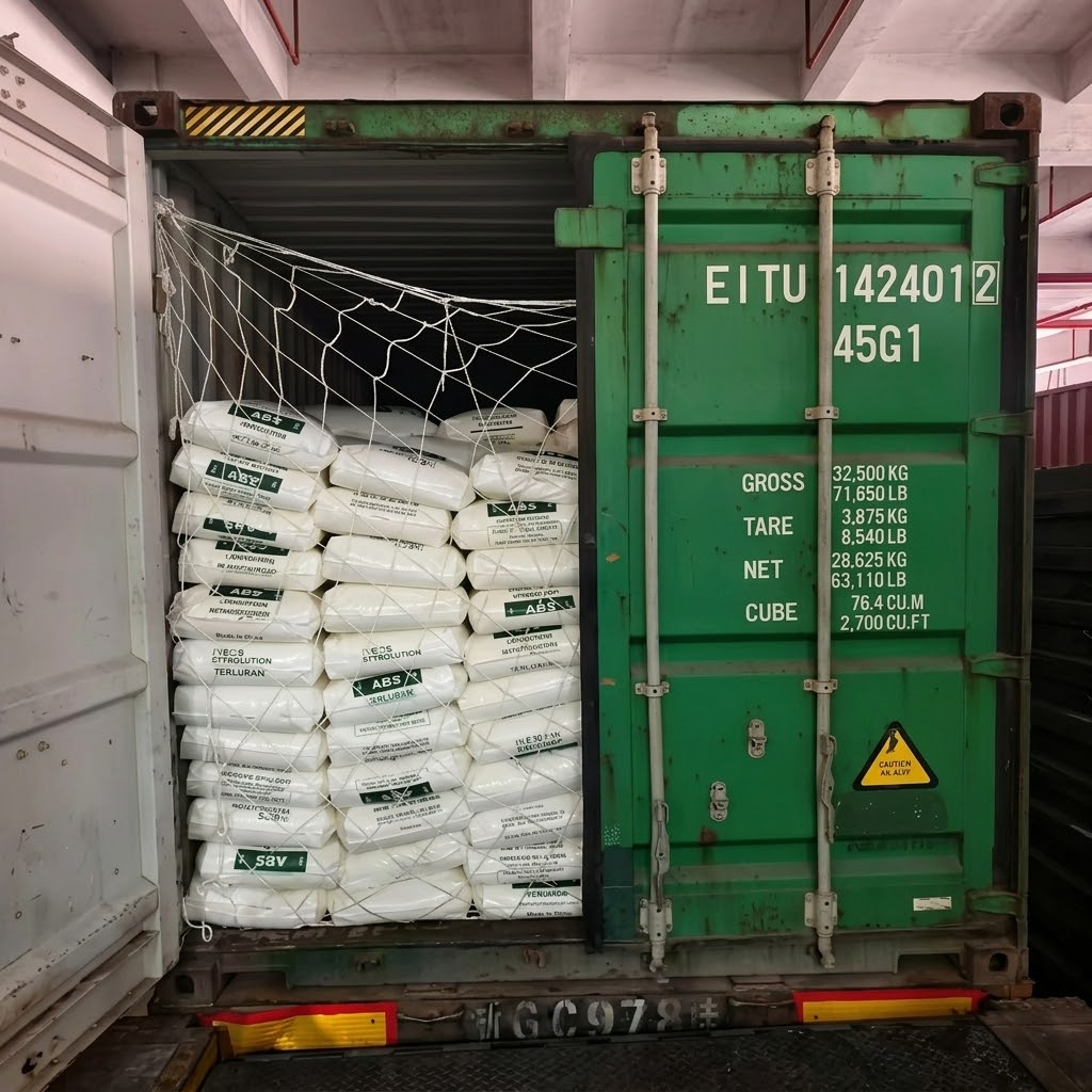 A large container filled with white bags, labeled with ABS for identification