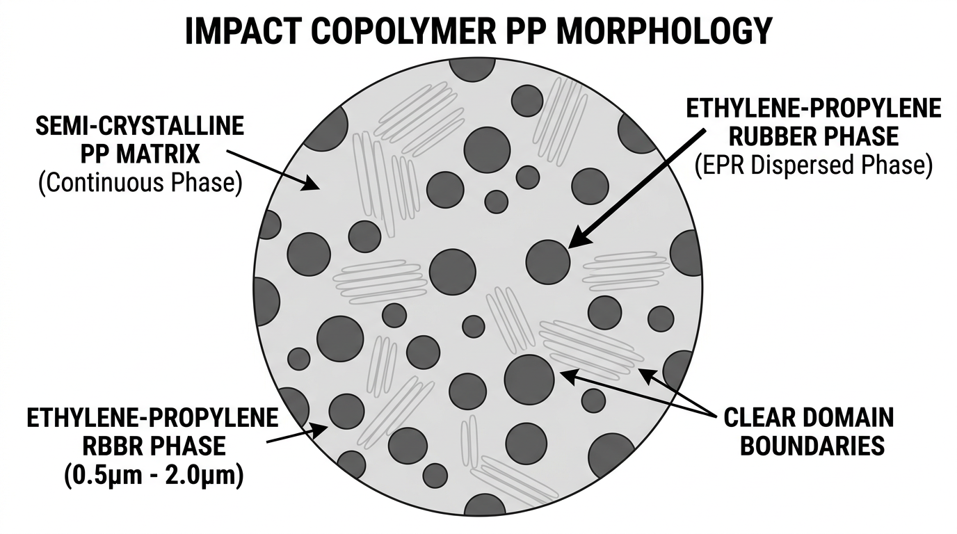 Impact copolymer polypropylene resin morphology diagram showing EPR rubber phase dispersed in homopolymer matrix