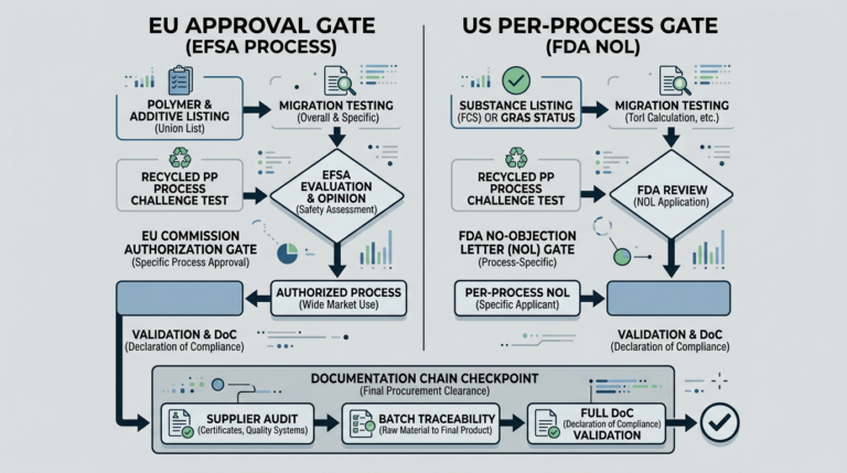 Regulatory line for virgin polypropylene vs recycled polypropylene in food-contact applications
