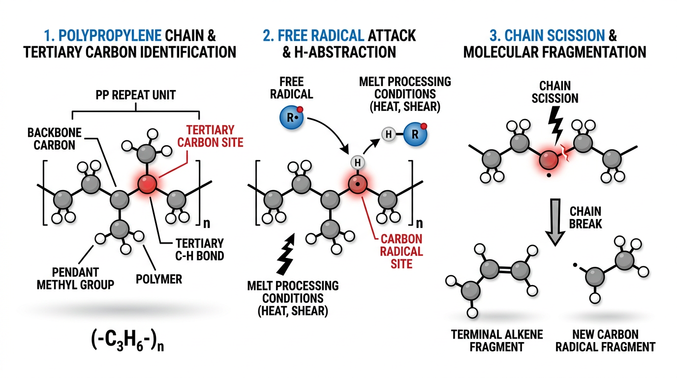 Diagrama de oxidación por radicales libres en el carbono terciario que impulsa la estabilización de los aditivos del polipropileno