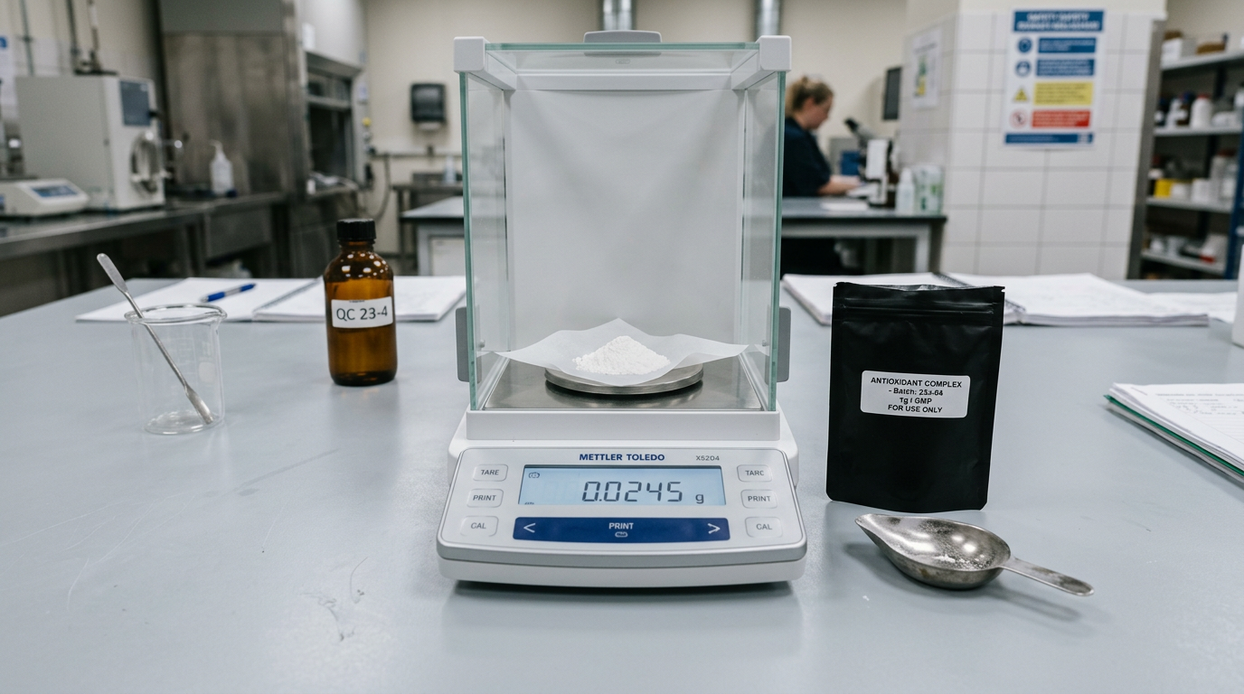 Pesaje en laboratorio de polvo de antioxidante fenólico y fosfito para la compoundación de aditivos de polipropileno