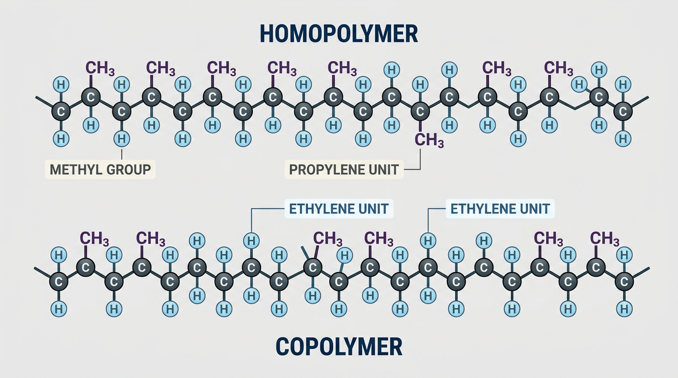 Diagram comparing homopolymer and copolymer polypropylene chain architecture at the monomer level