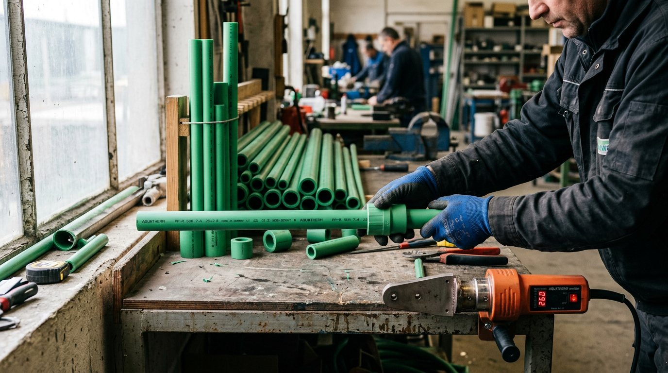 Random copolymer polypropylene PP-R pipe sections during heat-fusion welding at a fabrication bench