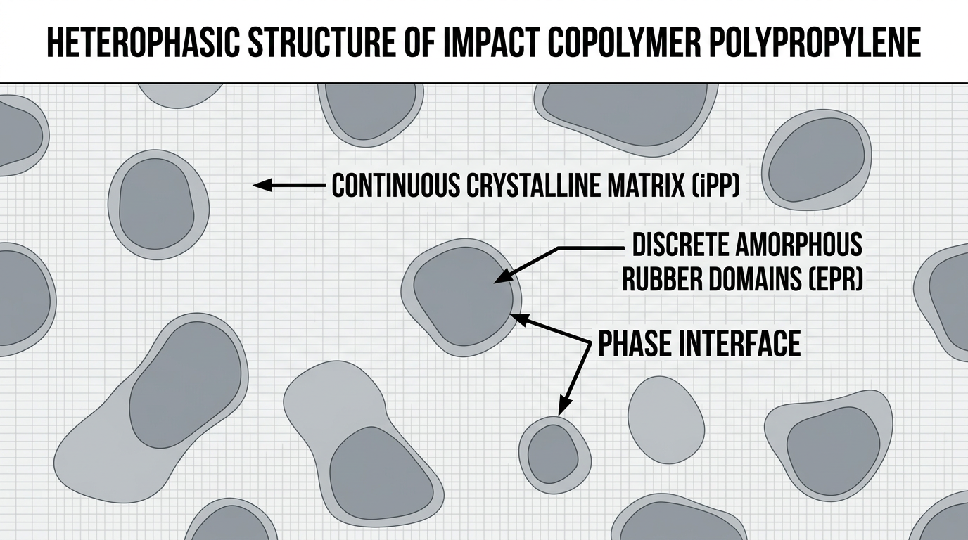 Cross-section diagram of impact copolymer polypropylene showing dispersed EPR rubber domains in a crystalline homopolymer matrix