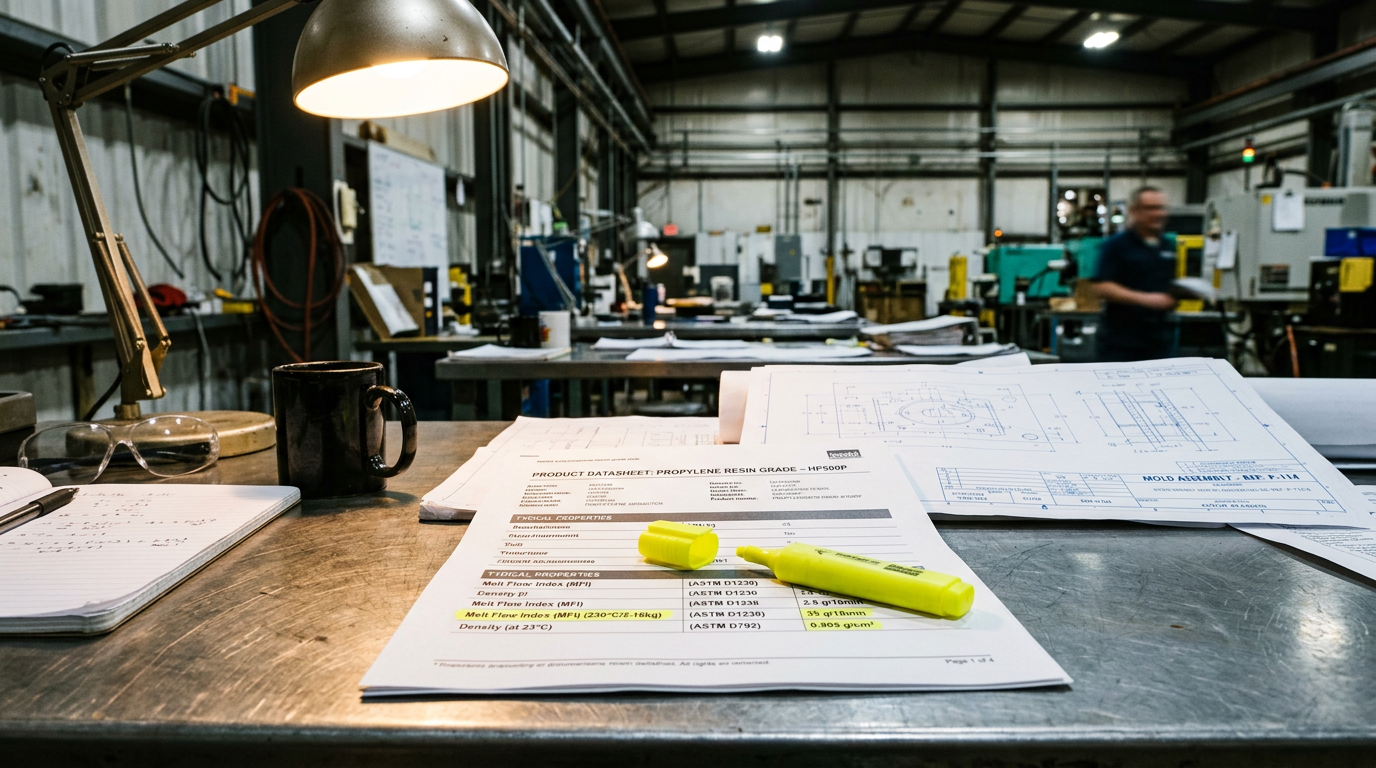 Engineer reviewing a copolymer polypropylene grade datasheet showing MFI density and impact specifications