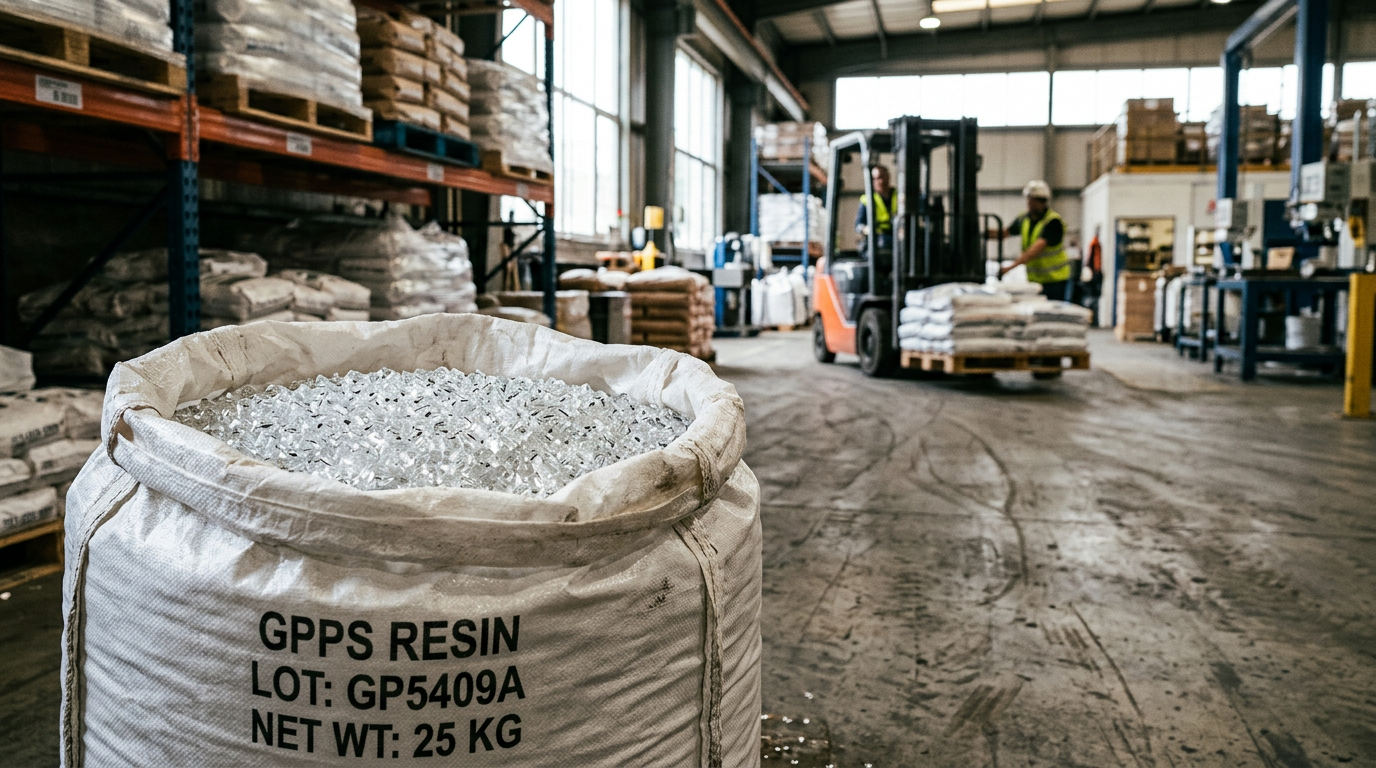Pellets de resina de poliestireno de uso general GPPS transparente en una bolsa industrial a granel en un almacén de transformación
