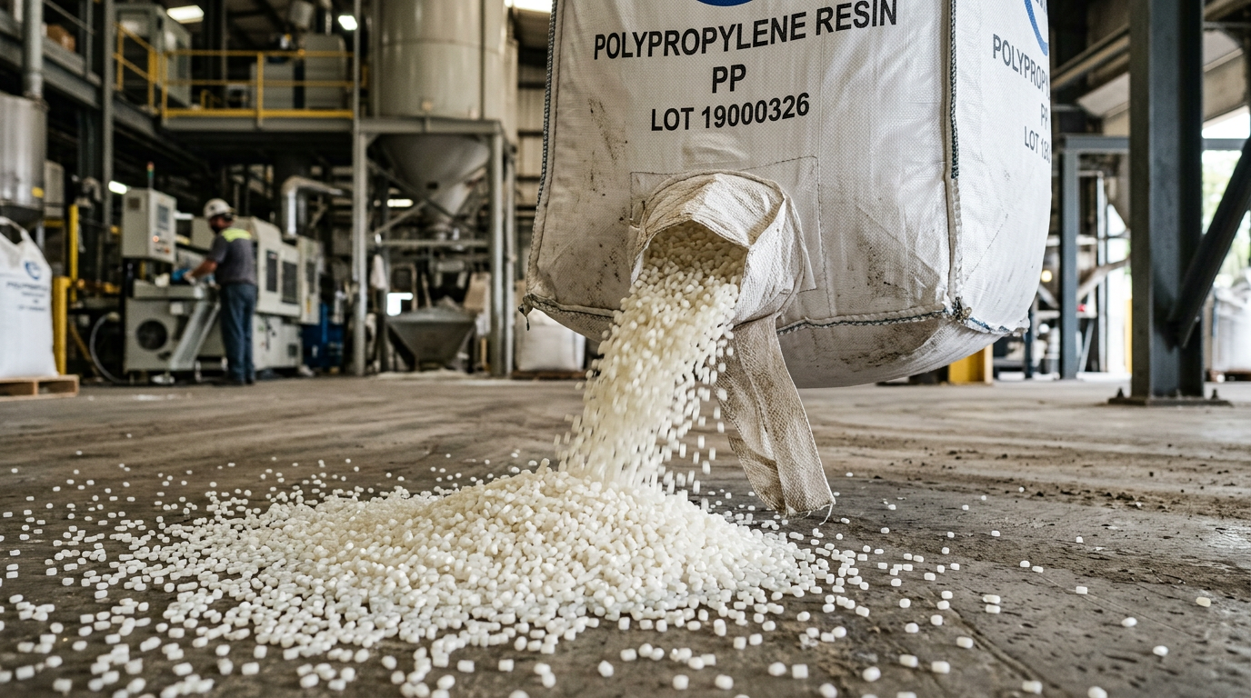 Opaque off-white polypropylene resin pellets in a woven bag on a warehouse floor