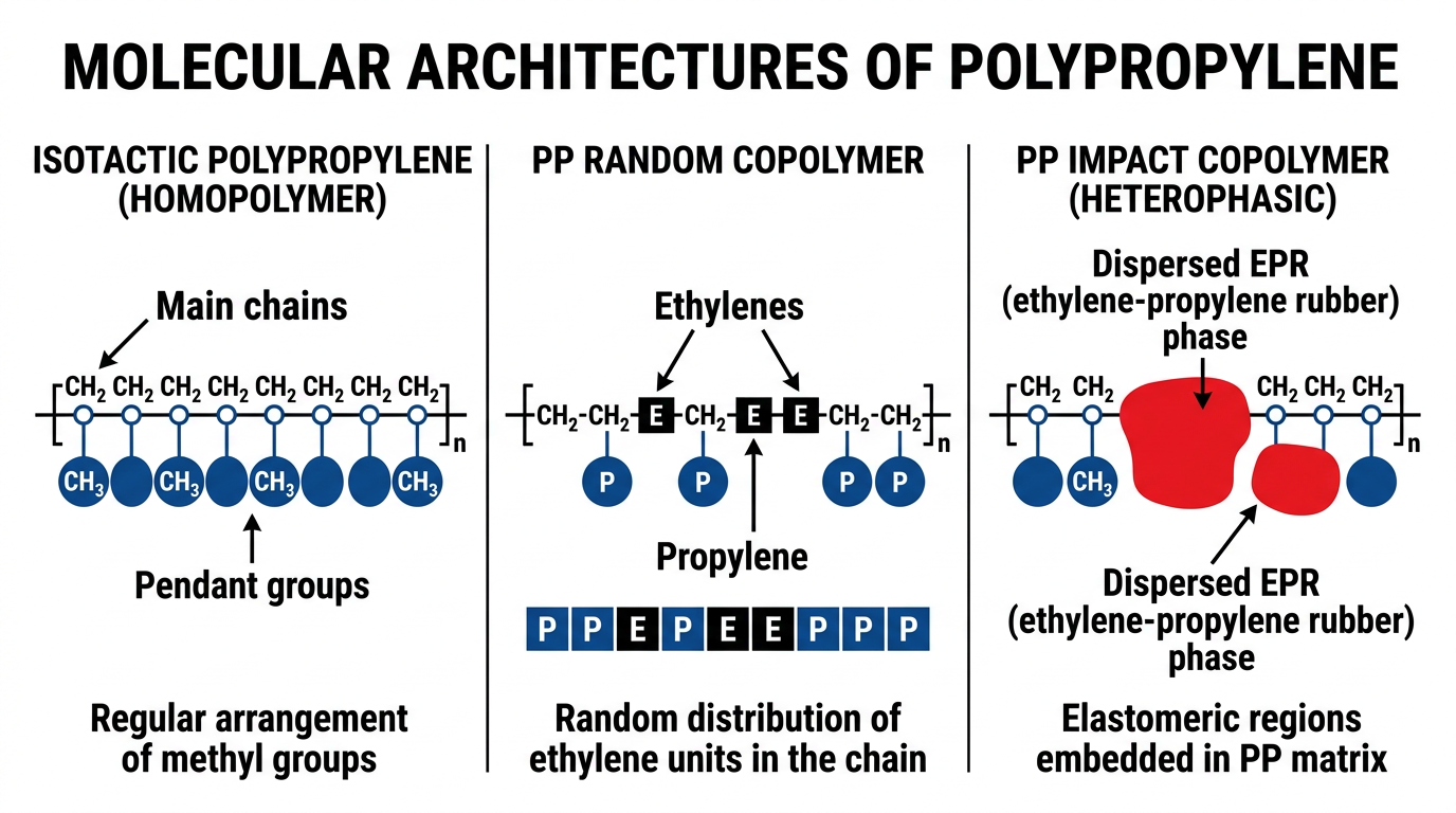Diagram of the three molecular chain structures of polypropylene resin families