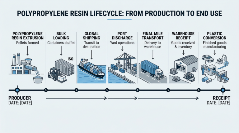 Diagrama de línea de tiempo que muestra la fecha de extrusión del productor versus la fecha de recepción en el almacén para la vida útil de la resina de polipropileno
