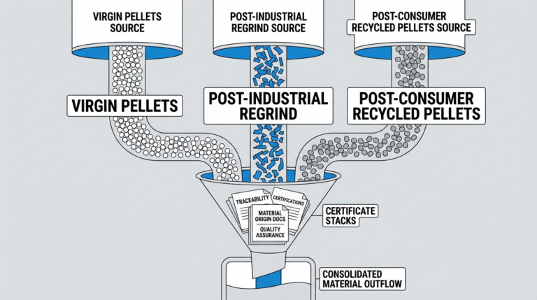 Diagram comparing virgin polypropylene, post-industrial regrind, and post-consumer recycled resin streams