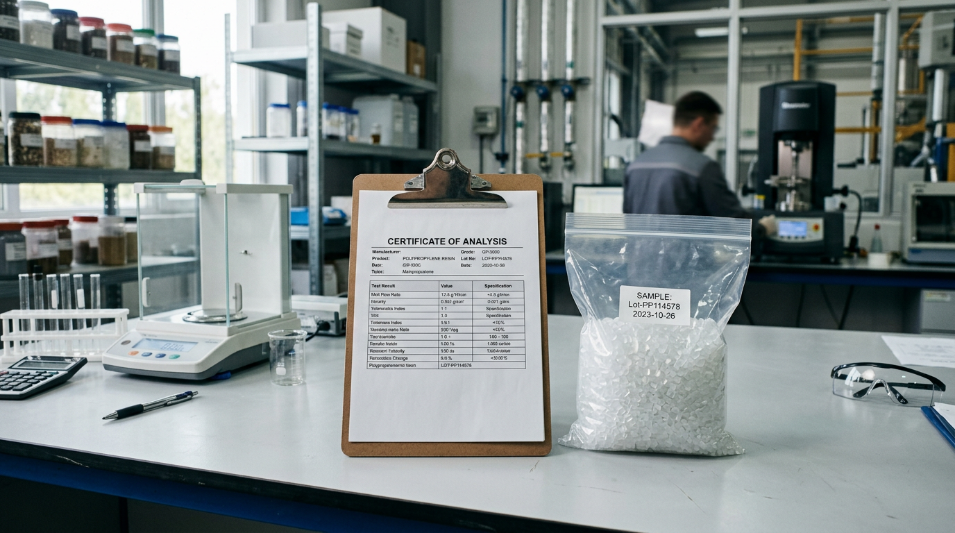 Certificado de Análisis del productor junto a una bolsa de muestra de pellets de polipropileno virgen