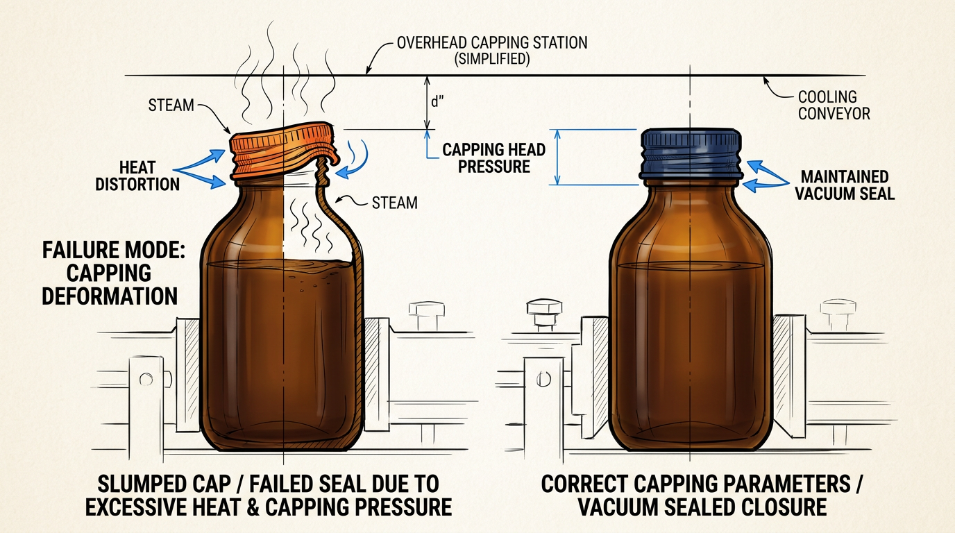 HDPE vs polypropylene hot-fill service, a deformed cap losing seal beside an intact cap on a 90 degree hot-fill line