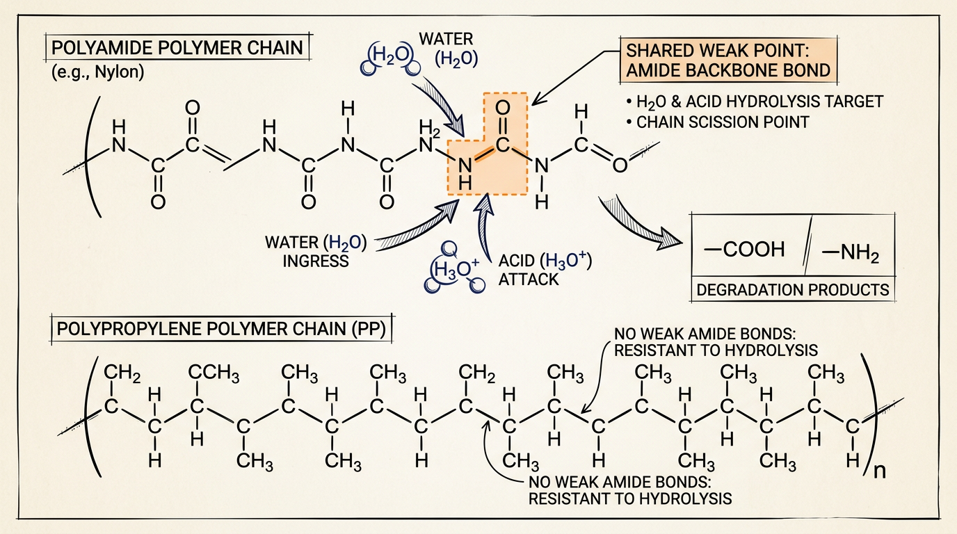 Polypropylene vs nylon chemistry showing the amide bond that absorbs water and is cleaved by acids