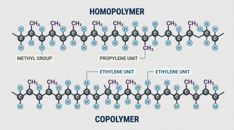 Diagram comparing homopolymer and copolymer polypropylene chain architecture at the monomer level