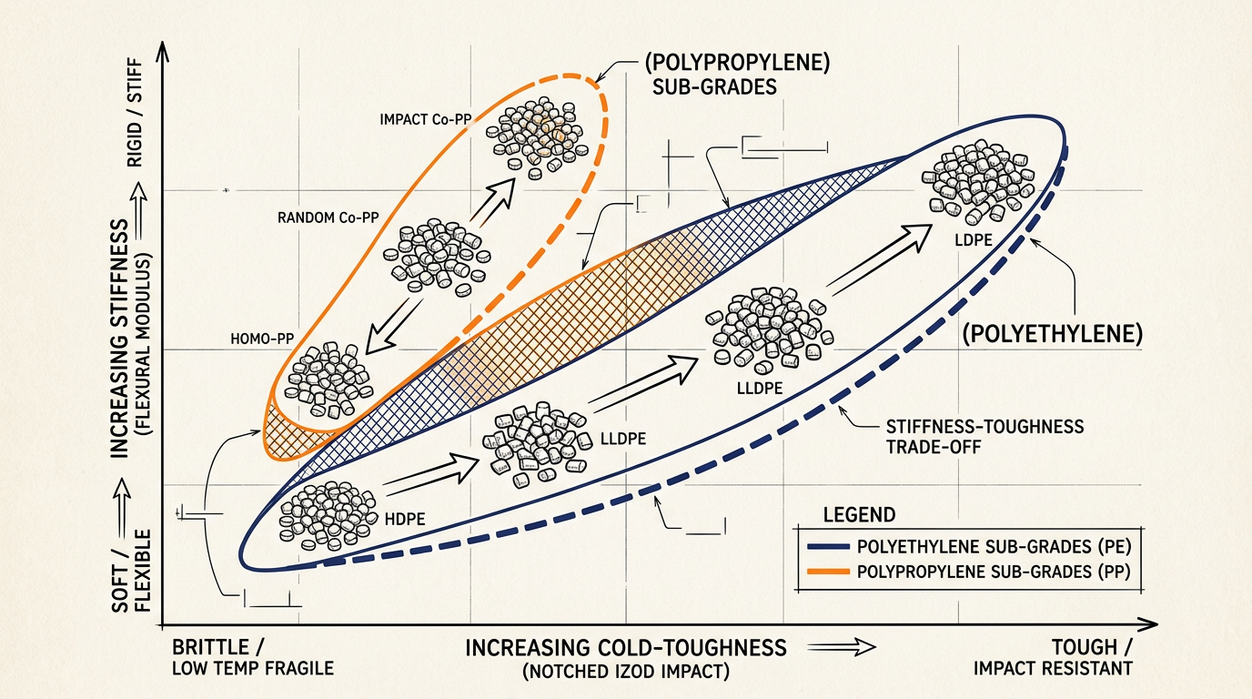 Stiffness and cold-toughness spread of polyethylene and polypropylene sub-grades