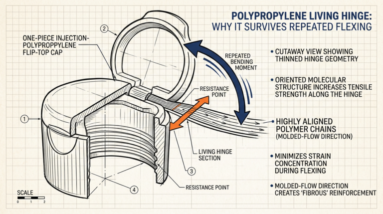 Polypropylene living hinge cutaway showing molecular orientation along mold flow