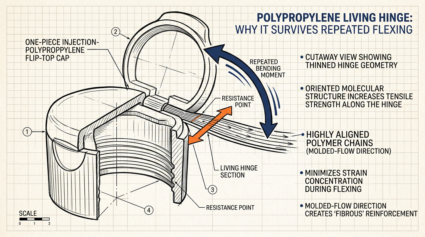 Polypropylene living hinge cutaway showing molecular orientation along mold flow