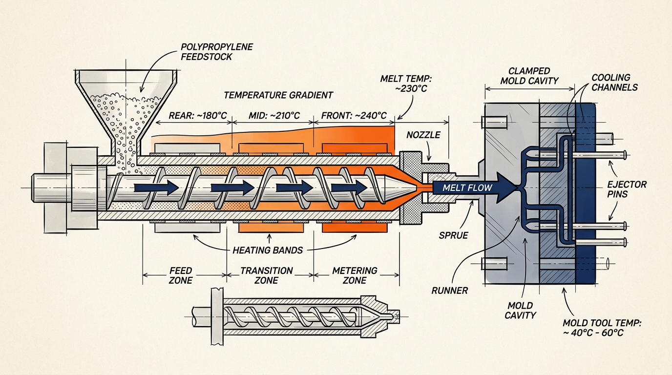 Gradiente de temperatura del barril y molde de moldeo por inyección para procesar polipropileno por encima de su punto de fusión