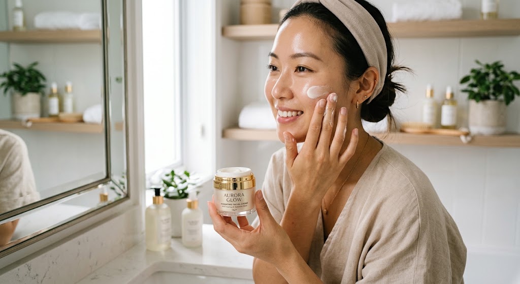 A beautiful woman applying face cream, showcasing the use of bio-based 1,2-Pentanediol in cosmetics.
