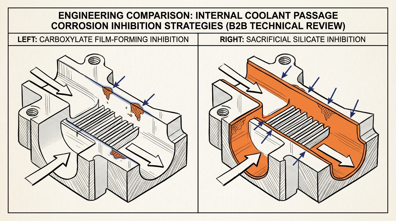 Carboxylate film-forming corrosion inhibition of 2-EHA in engine coolant versus sacrificial silicate layer