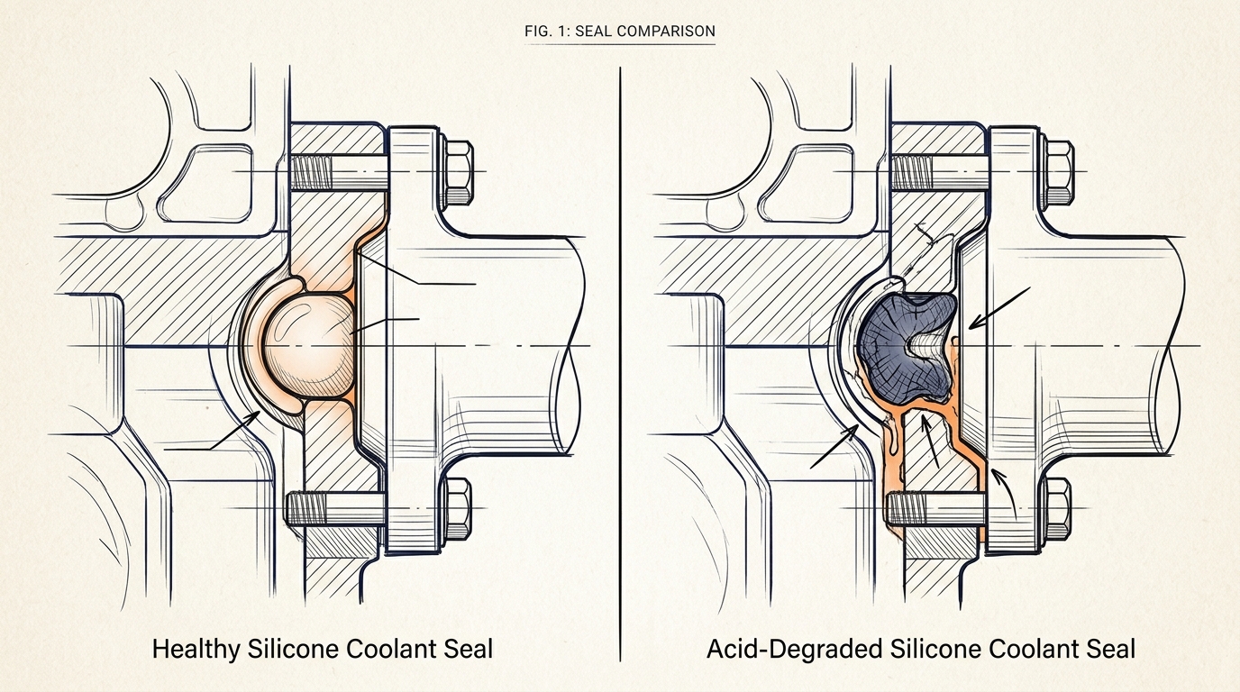 Silicone seal shrinkage and hardening from 2-EHA in engine coolant compared with an intact seal