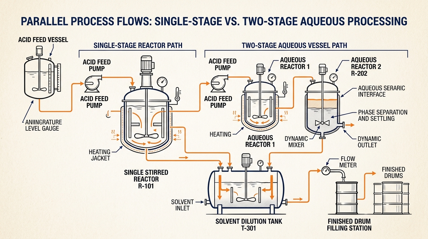 Two production routes for cobalt octoate from 2-ethylhexanoic acid ending at a dilution tank