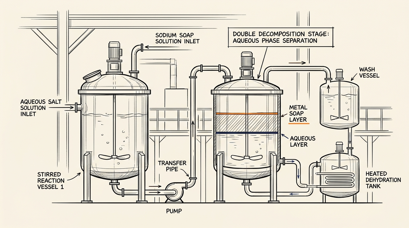 Double decomposition stage in cobalt octoate production with aqueous metathesis and dehydration vessels