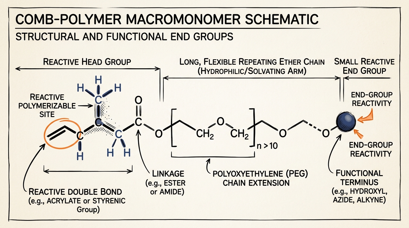 Molecular structure of HPEG 2400 polycarboxylate superplasticizer monomer showing the double bond head and polyether side chain