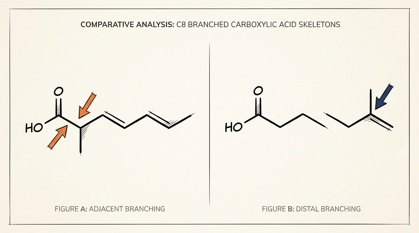 Branch-position difference behind isooctanoic acid vs 2-ethylhexanoic acid molecular structures