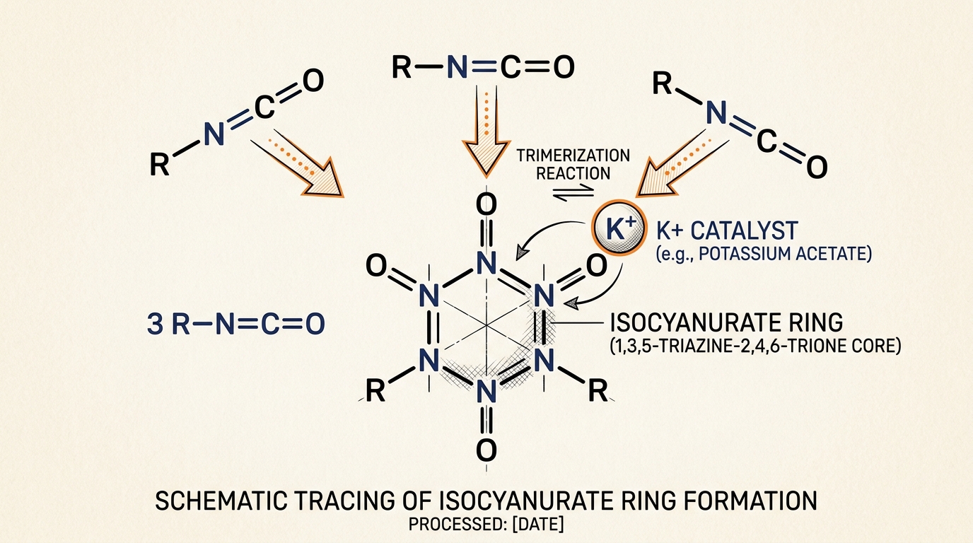 Potassium octoate catalyst joining isocyanate groups into an isocyanurate ring for PIR foam