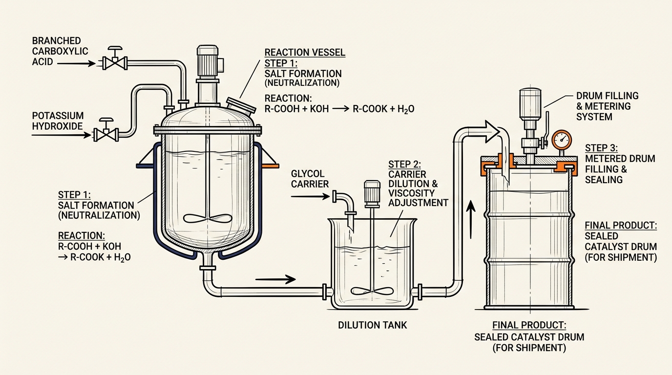 Production route of potassium octoate catalyst from 2-ethylhexanoic acid to a DEG solution
