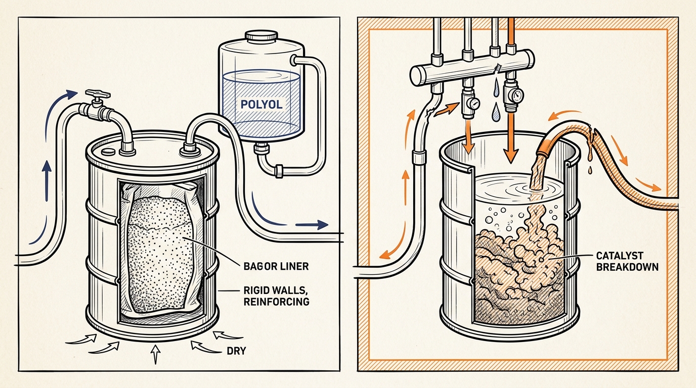 Stannous octoate breaking down when premixed into water-bearing polyol versus sealed dry storage