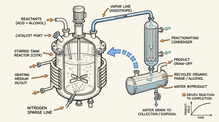 Esterification kettle and phase separator water removal loop in triethylene glycol di-2-ethylhexanoate production