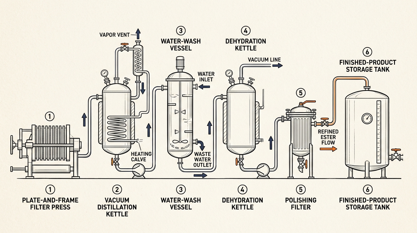 Refining train stages in triethylene glycol di-2-ethylhexanoate production