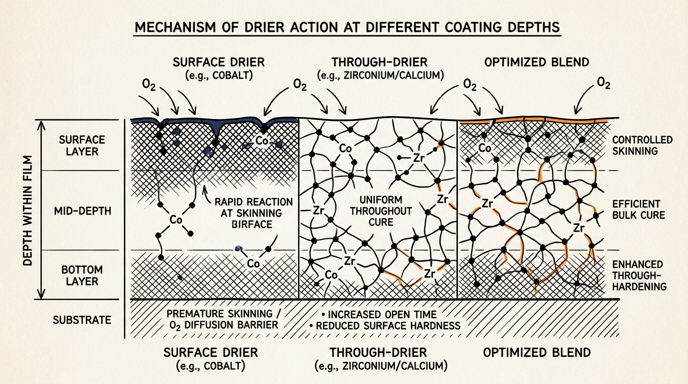 Cross-section showing where drier metal octoates act inside a drying paint film