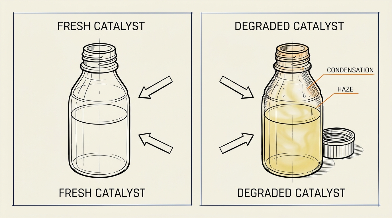 Fresh versus degraded stannous octoate catalyst, the most moisture-sensitive of the metal octoates