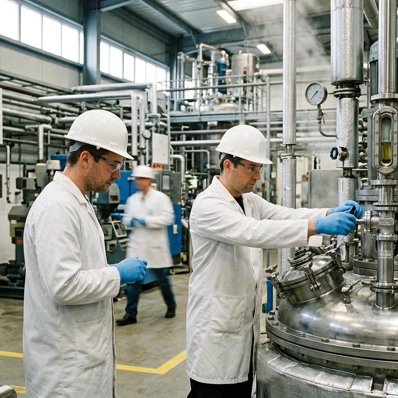 Operators dosing C14 alpha olefin feedstock into a surfactant sulfonation reactor