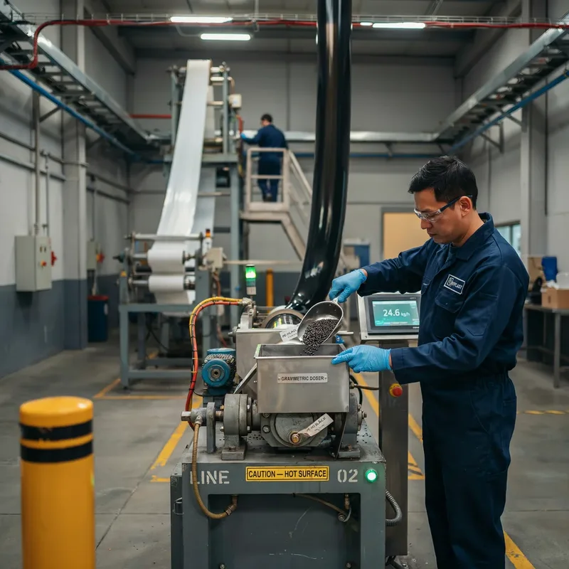 Técnico dosificando masterbatch negro en una tolva gravimétrica en una línea de extrusión de película soplada de PE