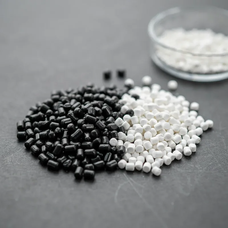 Pellets de masterbatch negro y blanco en forma cilíndrica y esférica