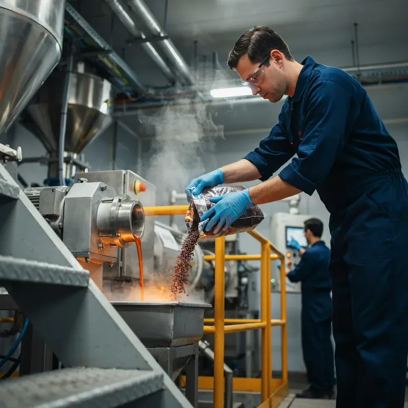 Operator charging masterbatch into a twin-screw extruder dosing hopper