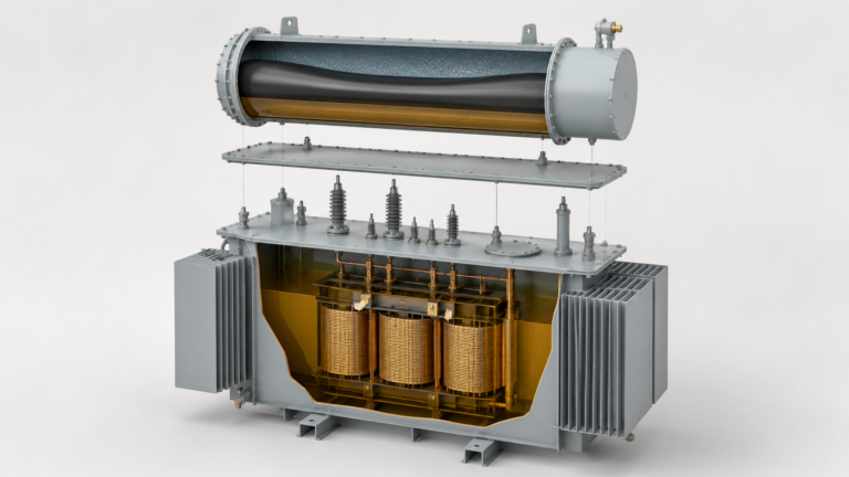 Cutaway of a sealed power transformer showing a bladder conservator with nitrogen gas above the membrane and insulating oil filling the main tank around the core and windings