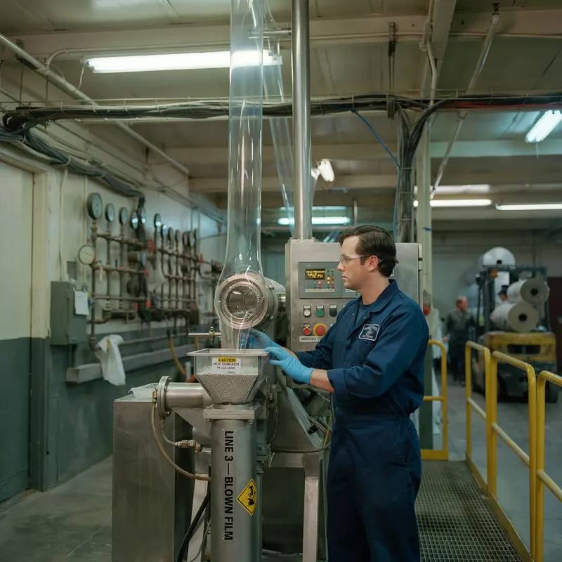Técnico monitoreando la presión del cabezal en una línea de extrusión de película soplada que procesa polietileno con aditivo de procesamiento