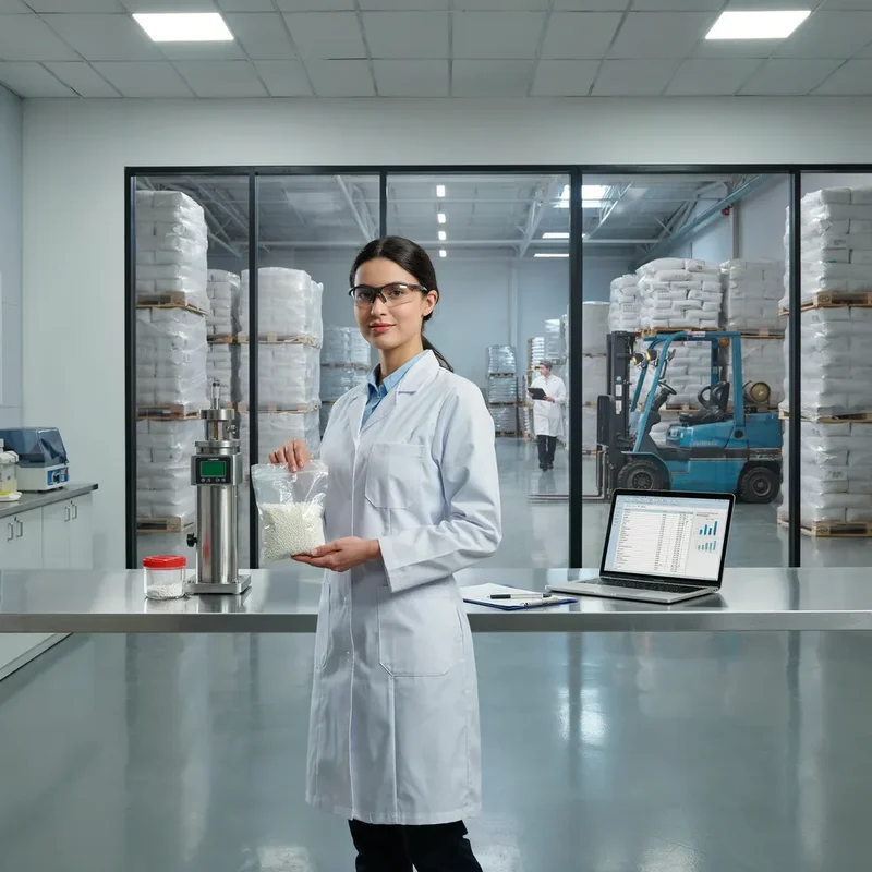 Pruebas por lotes en laboratorio y certificado de análisis junto a masterbatch paletizado listo para exportación.