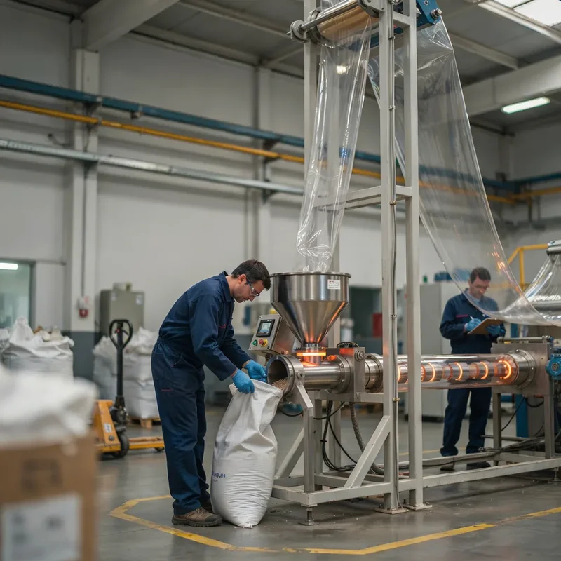 Operador dosificando masterbatch antibloqueo en la tolva de una línea de extrusión de película soplada de PE
