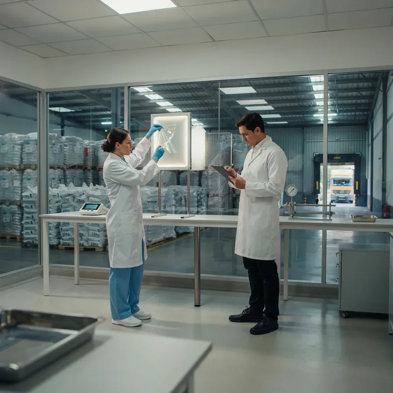 Inspección de muestras de película y pruebas de COA junto a masterbatch paletizado listo para exportación