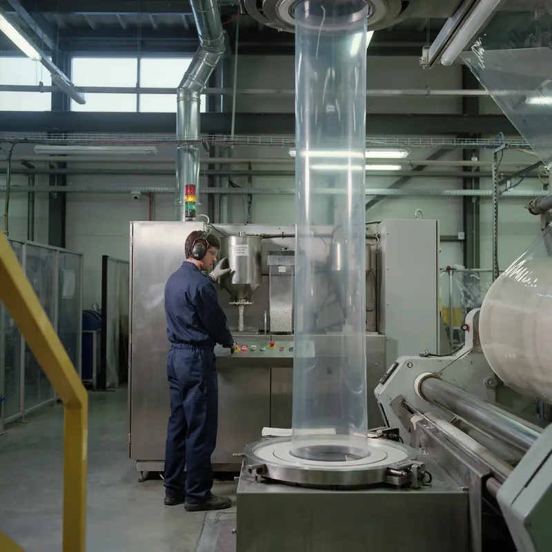 Operador en una línea de extrusión de película soplada procesando película de PE con masterbatch MKS101