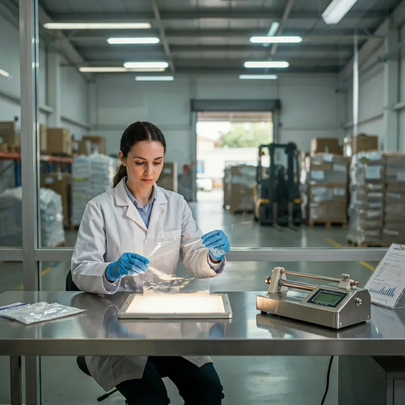 Inspección de muestras de película y verificación de COA en el laboratorio de control de calidad y almacén de BASTONE