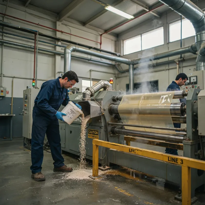 Técnico dosificando masterbatch en una tolva de extrusora en una línea de extrusión de láminas de PP