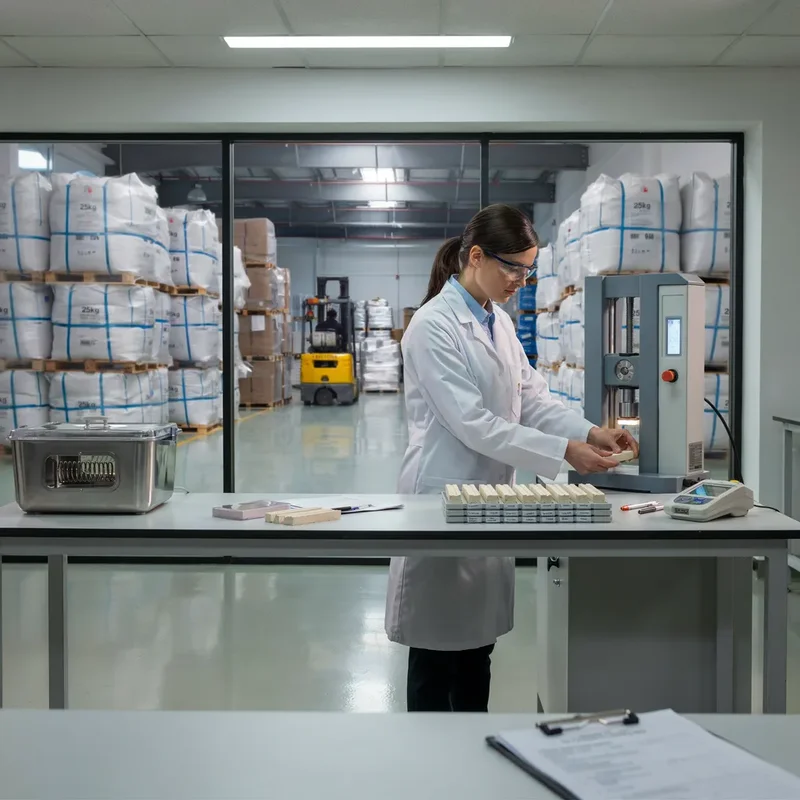 Analista de laboratorio realizando pruebas de flexión junto a un almacén de bolsas de masterbatch paletizadas