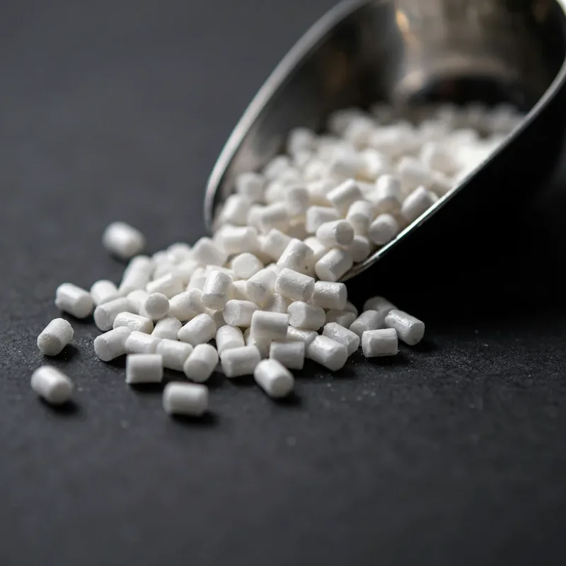 Primer plano de los pellets de masterbatch endurecedor de polipropileno MZG102 sobre una superficie de estudio mate